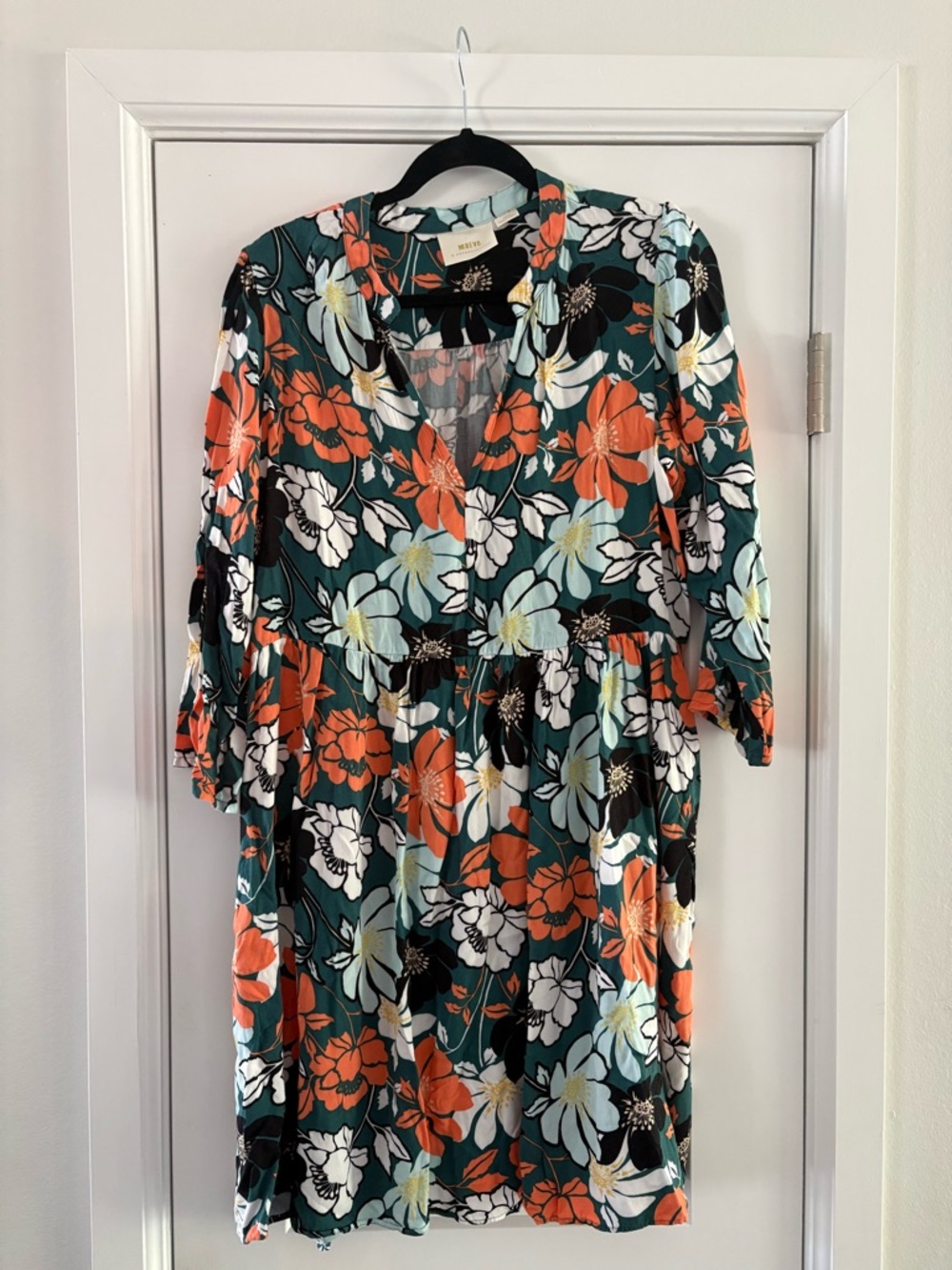 Maeve Anthropologie Floral V-Neck Babydoll Dress in Dark‎ Teal Orange Light Blue